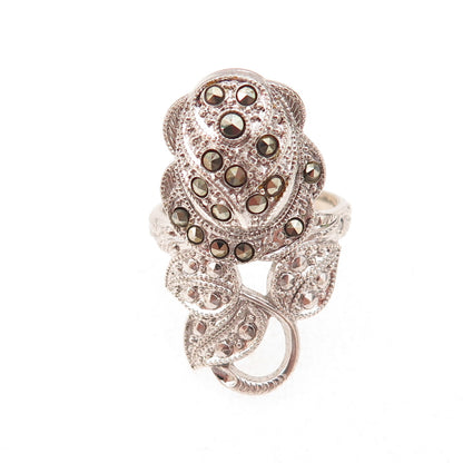 Clark & Coombs Sterling Silver Antique Art Deco Real Marcasite Rose Ring Size 5