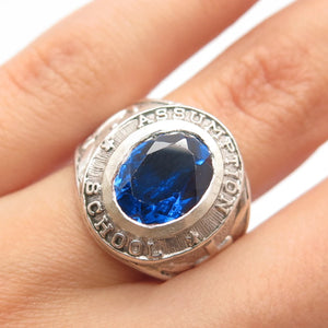 925 Sterling Silver Vintage Blue Glass "1967 Assumption" School Ring Size 5.5