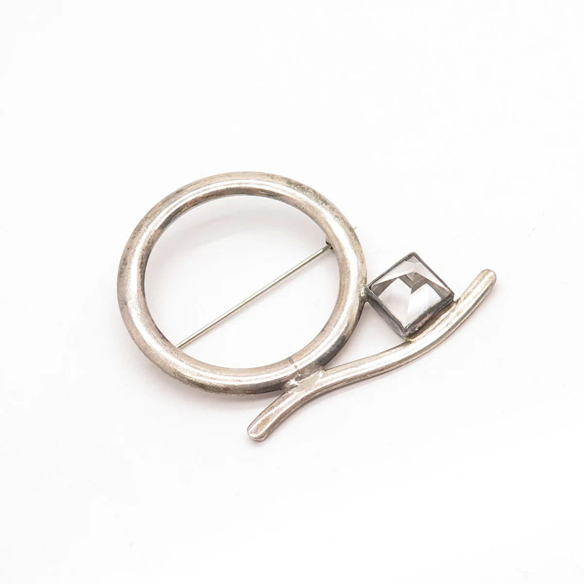 925 Sterling Silver Vintage Clear Glass Modernist Pin Brooch
