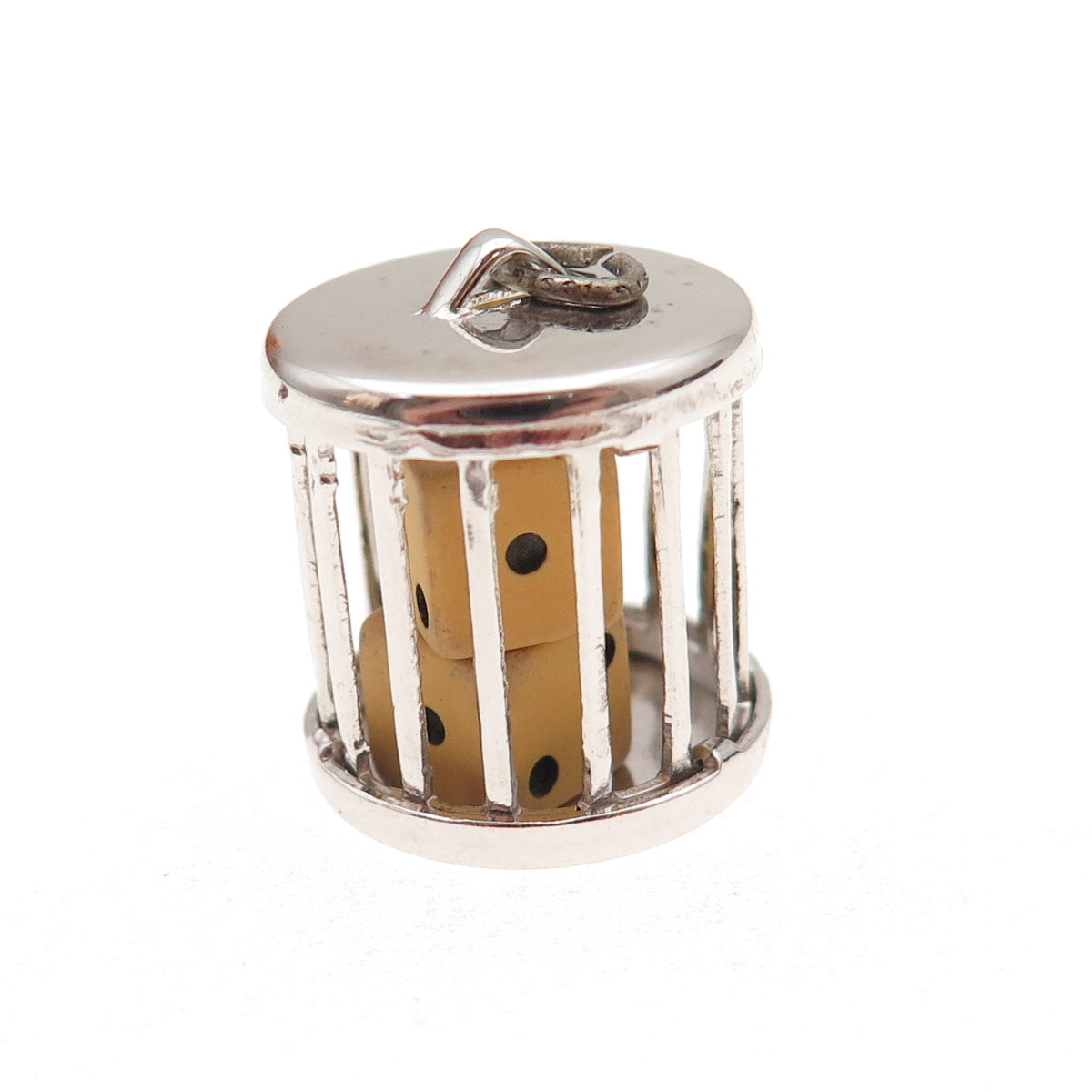 925 Sterling Silver Antique Art Deco Dice Cage Good Luck 3D Charm Pendant
