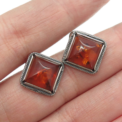 925 Sterling Silver Vintage Real Amber Roped Square Earrings