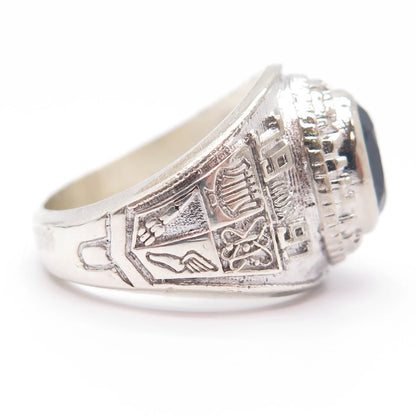 925 Sterling Silver Vintage Reed & Co Blue Glass School Ring Size 8.5