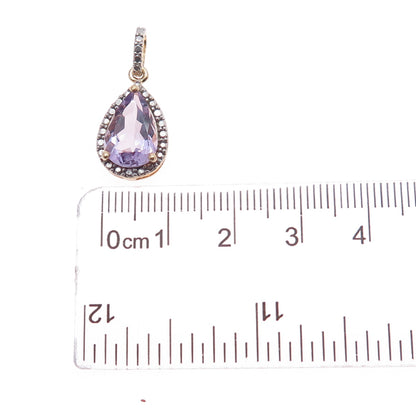 925 Sterling Silver Gold Plated Real Diamond Accent & Amethyst Charm Pendant