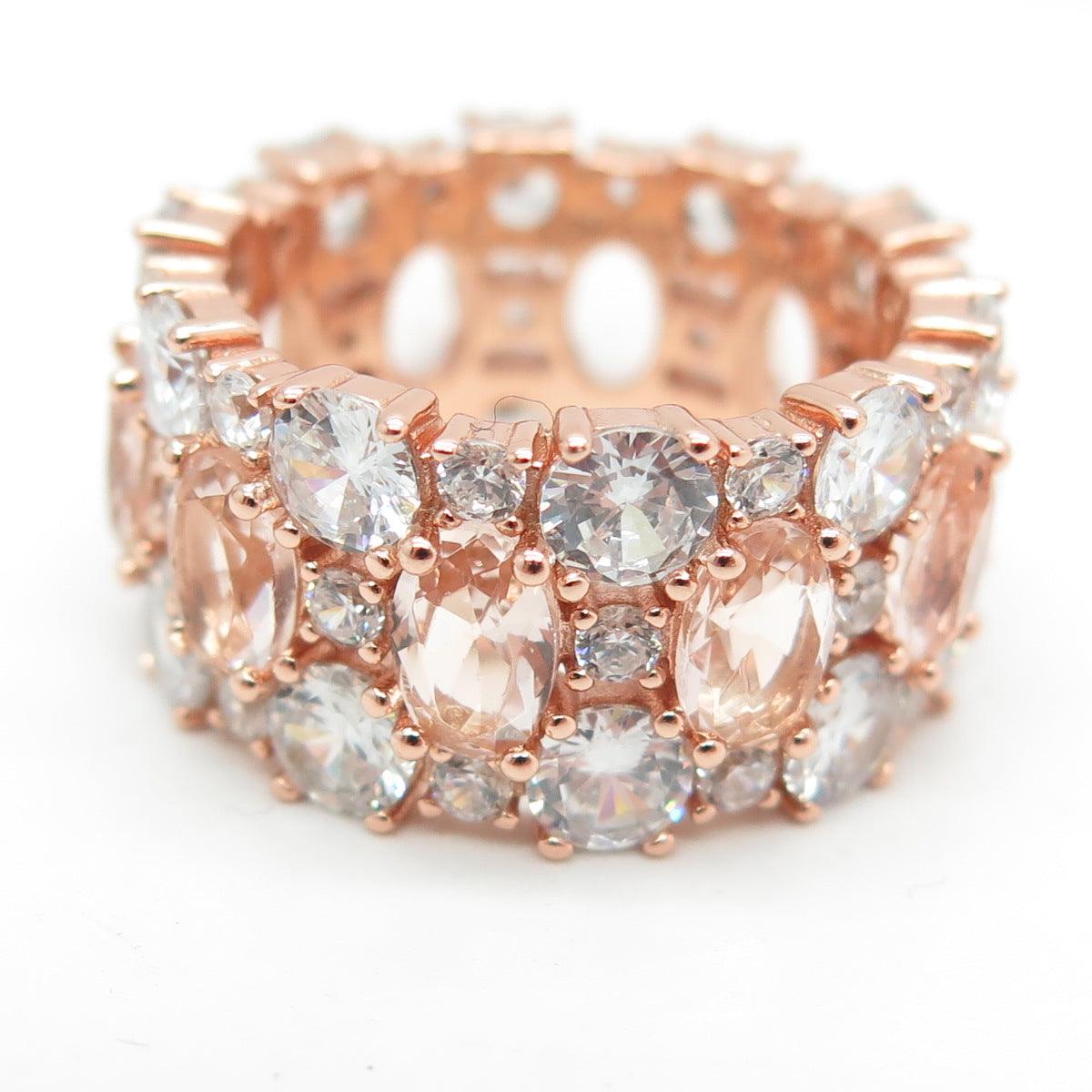 925 Sterling Silver Rose Gold Plated Real Morganite & C Z Wide Band Ring Size 7