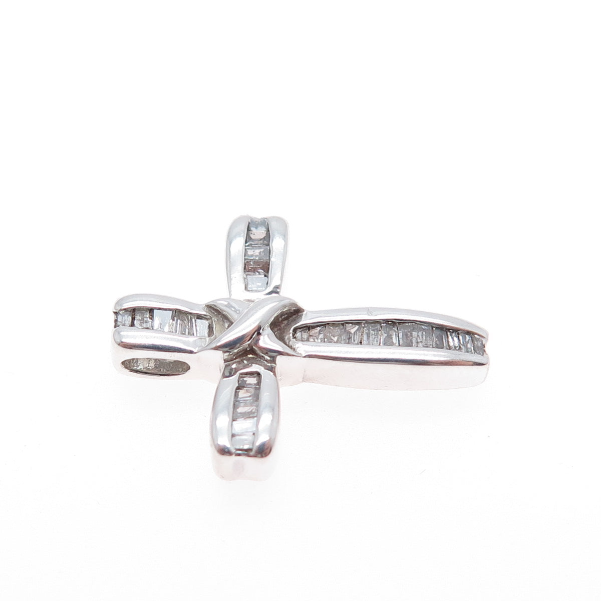 925 Sterling Silver Real Emerald-Cut Diamond Cross Slide Charm Pendant
