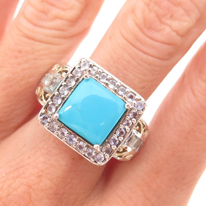 Chuck Clemency 925 Sterling Silver Real Turquoise Tanzanite & Topaz Ring Size 8