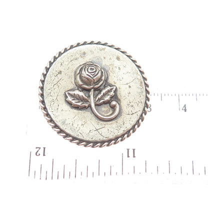 BEAU 925 Sterling Silver Antique Rose Flower Twisted Accent Round Pin Brooch