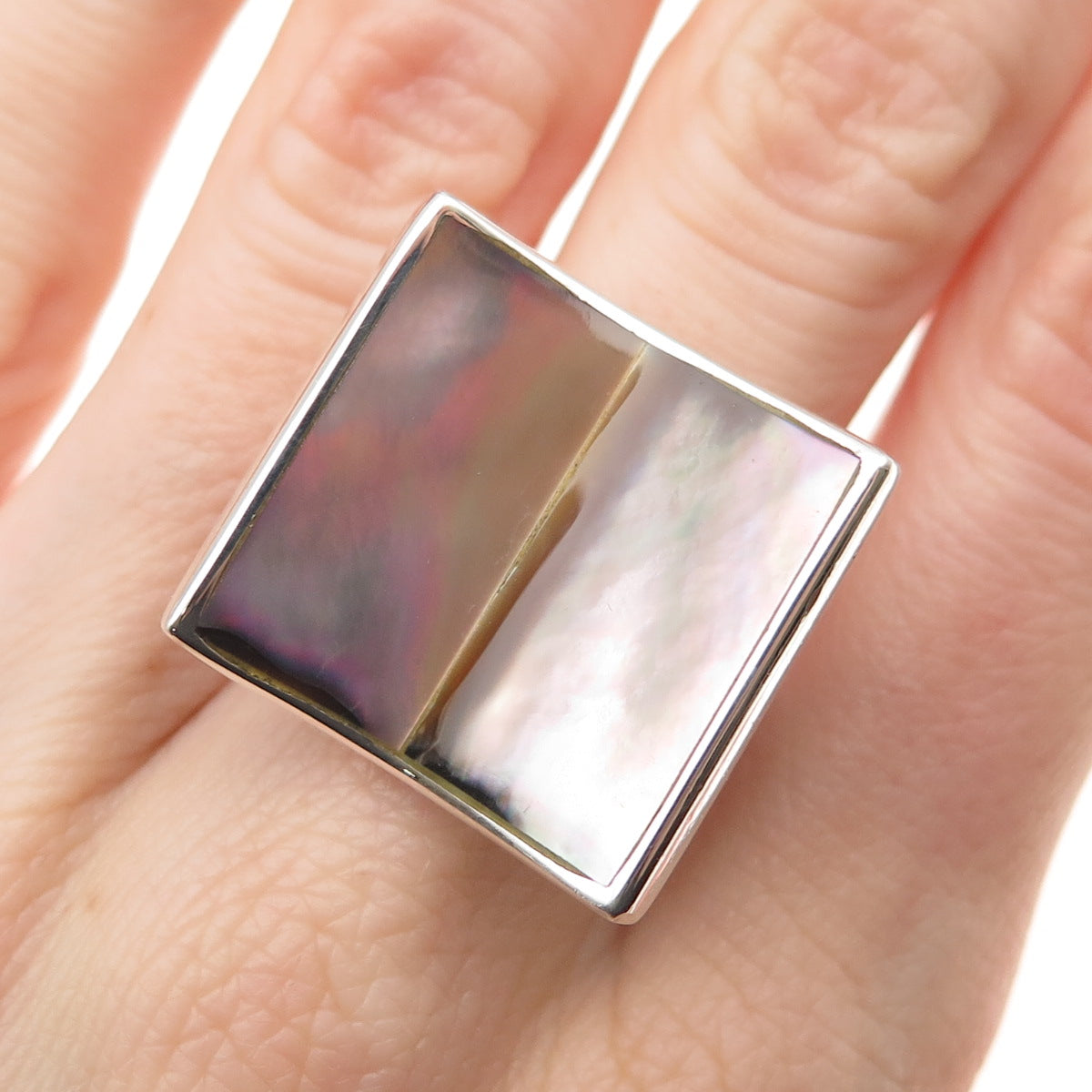SX Sally C 925 Sterling Silver Vintage Real Abalone Shell Modernist Ring Size 7