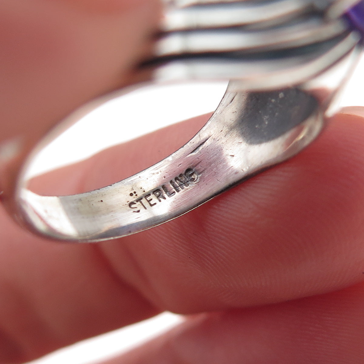 925 Sterling Silver Vintage Real Amethyst Modernist Oxidized Ring Size 7
