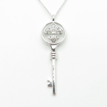 925 Sterling Silver Round-Cut C Z Fleur de Lis Key Cable Chain Necklace 16-18"