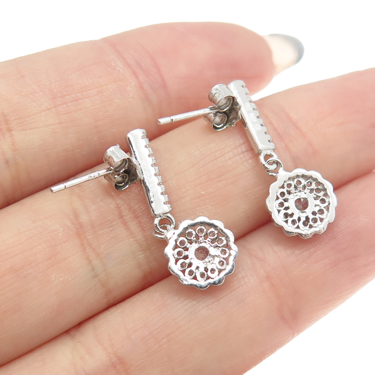 925 Sterling Silver Round-Cut C Z Floral Drop Dangling Earrings