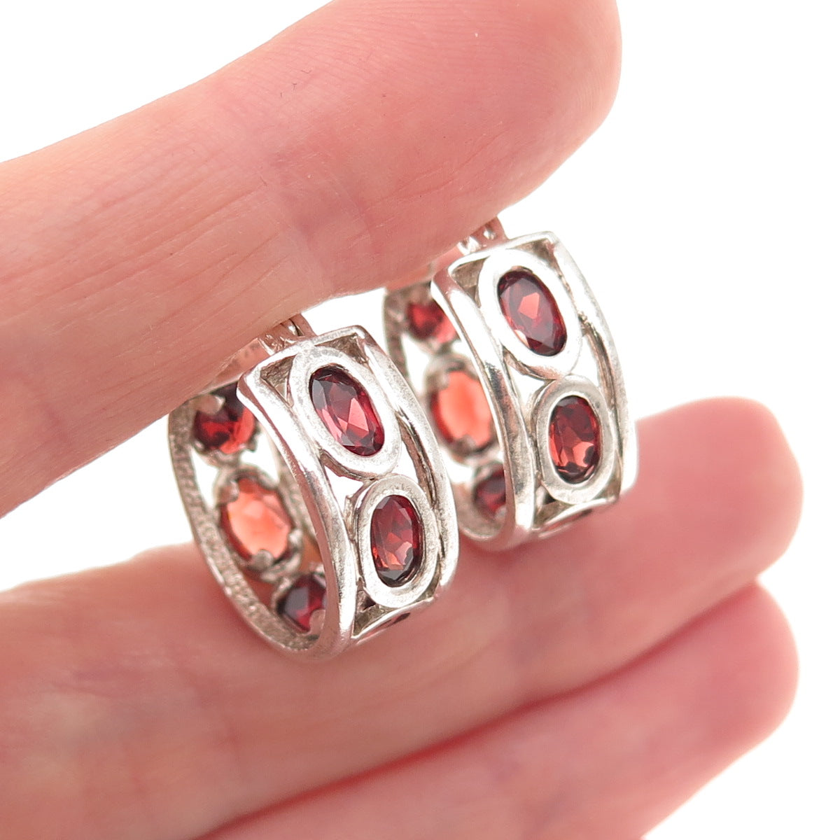 Clyde Duneier Sterling Silver Vintage Real Red Garnet All Around Hoop Earrings
