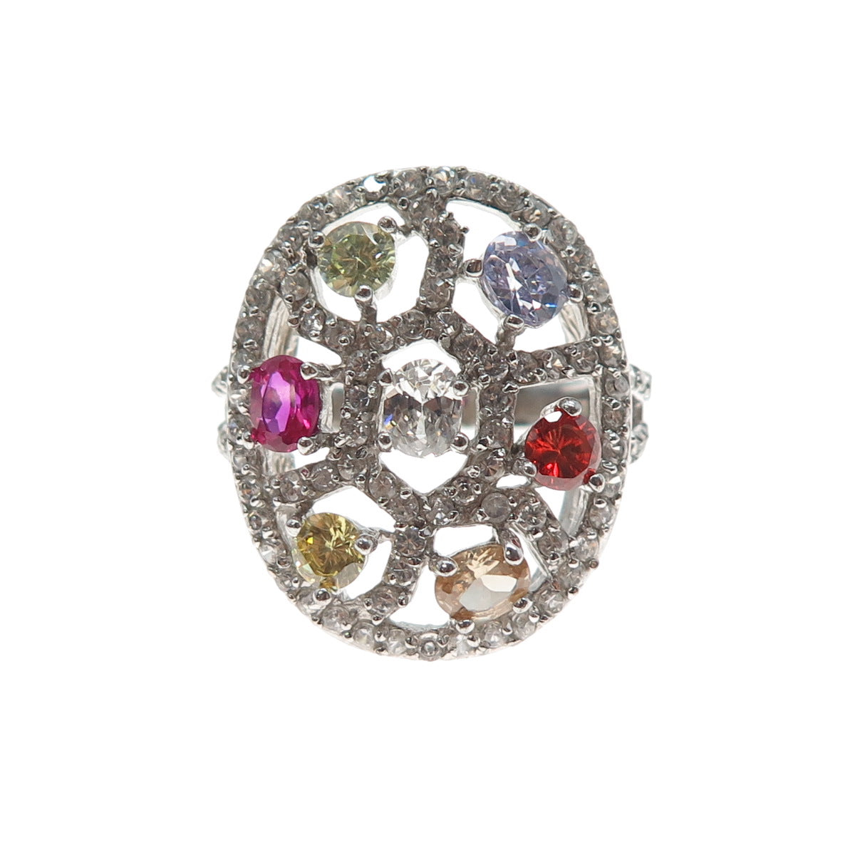 925 Sterling Silver Multi-Color C Z Cluster Ring Size 9.5