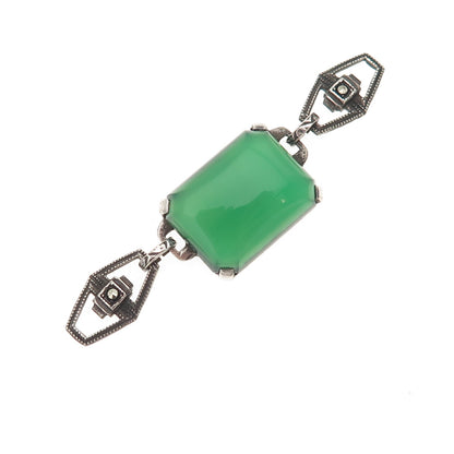 925 Sterling Antique Art Deco Real Green Onyx & Marcasite Bracelet Centerpiece