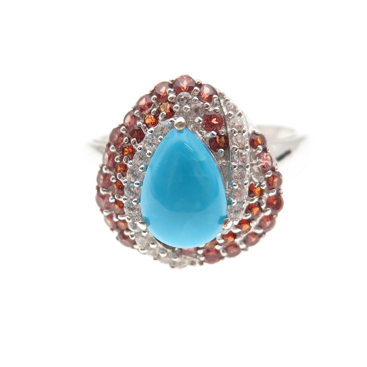 Chuck Clemency 925 Sterling Real Turquoise Red Garnet & White Topaz Ring Size 10