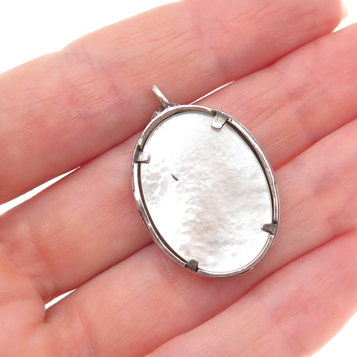 925 Sterling Silver Vintage Israel Real MOP Floral Oxidized Charm Pendant