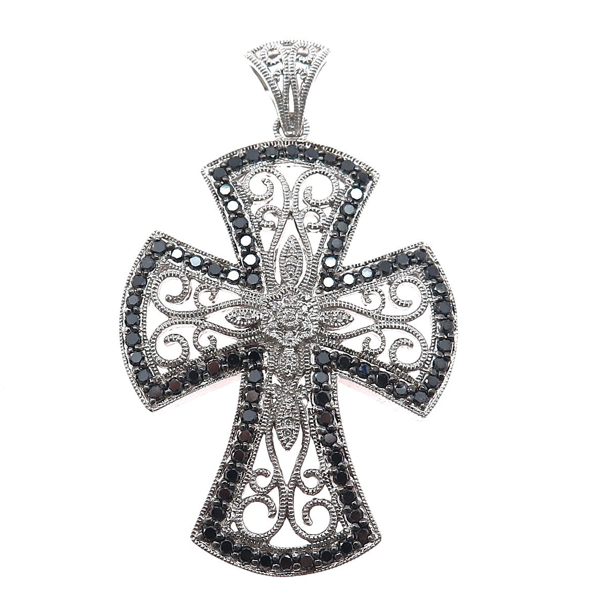 925 Sterling Silver Real Round-Cut Black Diamond Ornate Cross Pendant