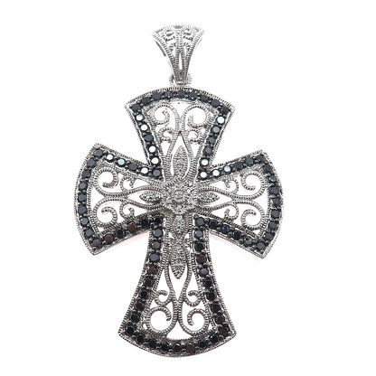 925 Sterling Silver Real Round-Cut Black Diamond Ornate Cross Pendant