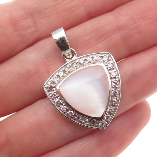 925 Sterling Silver Real MOP & C Z Triangle Charm Pendant