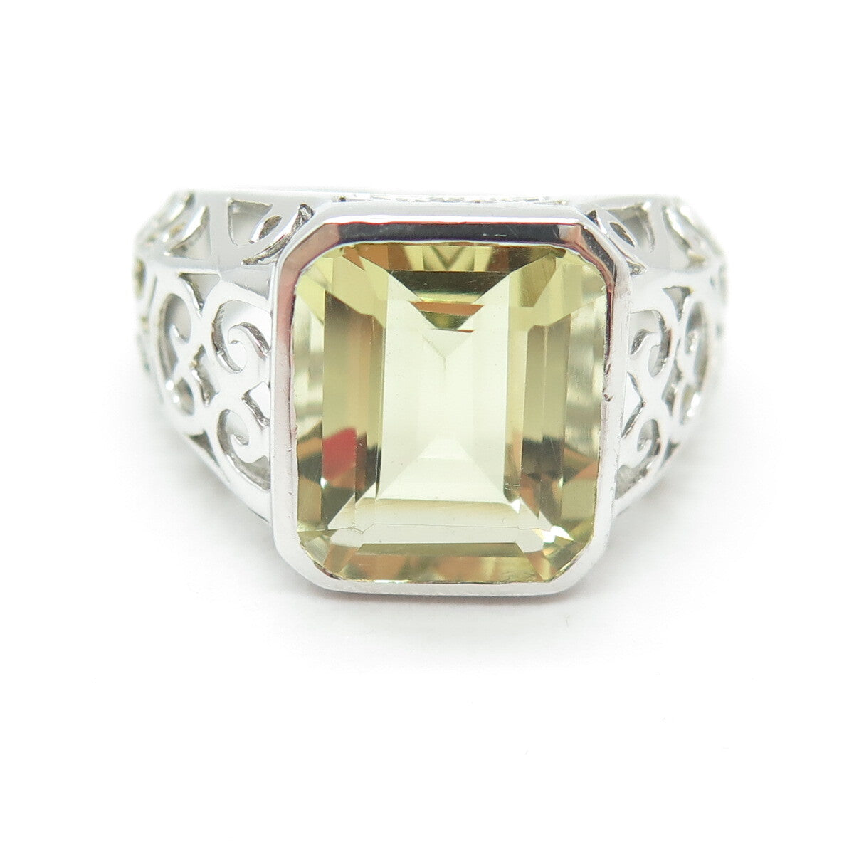 925 Sterling Silver Real Emerald-Cut Lime Citrine Swirl Ring Size 8.25