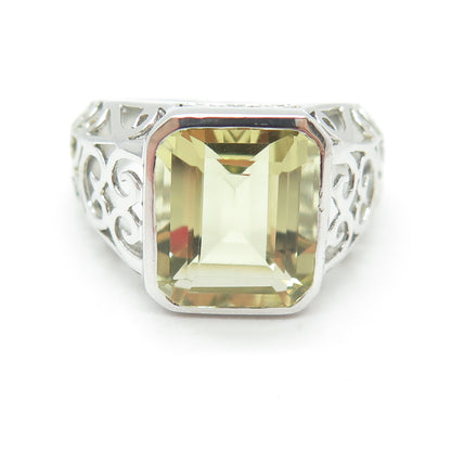 925 Sterling Silver Real Emerald-Cut Lime Citrine Swirl Ring Size 8.25