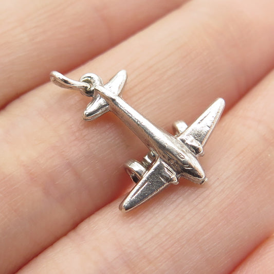 925 Sterling Silver Antique Art Deco Airplane 3D Charm Pendant