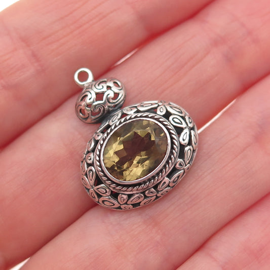 925 Sterling Silver Vintage Real Smoky Quartz Floral Scroll Oxidized Pendant