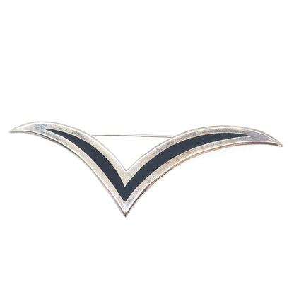 925 Sterling Silver Vintage Mexico Real Black Onyx Modernist Seagull Pin Brooch