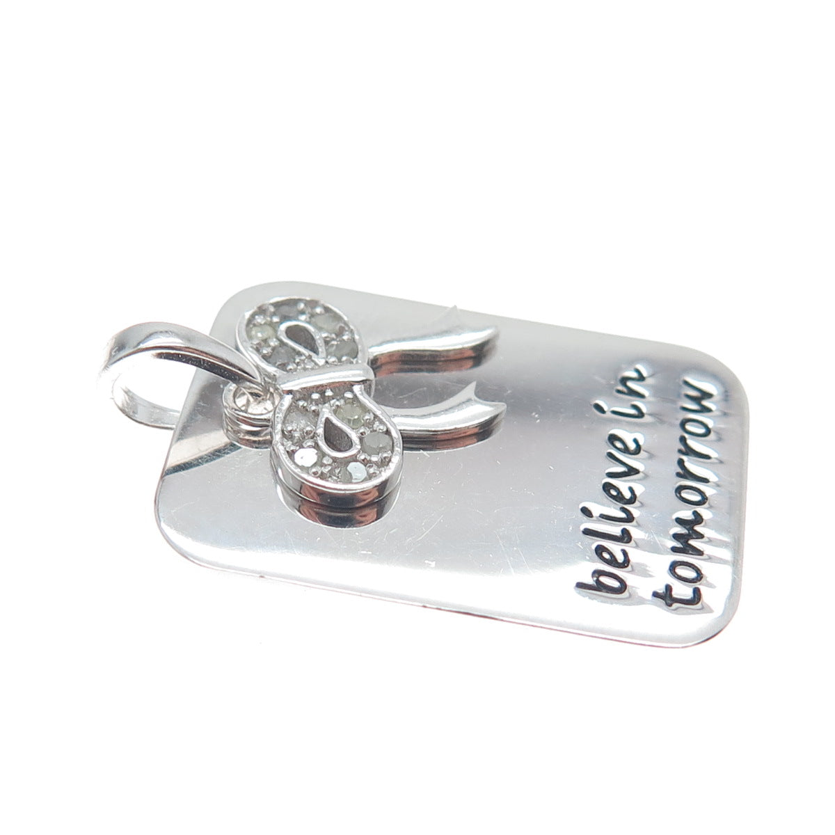 HAN Sterling Silver Real Round-Cut Diamond Believe In Tomorrow Bow Charm Pendant
