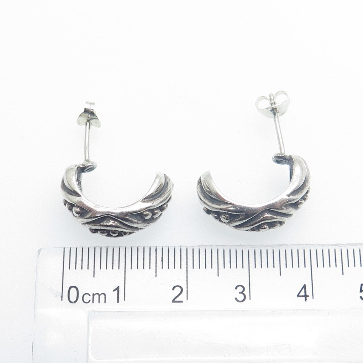 925 Sterling Silver Vintage Granulated Ornate Oxidized Half Hoop Earrings