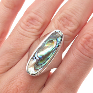 925 Sterling Silver Vintage Real Abalone Shell Modernist Oxidized Ring Size 8.5