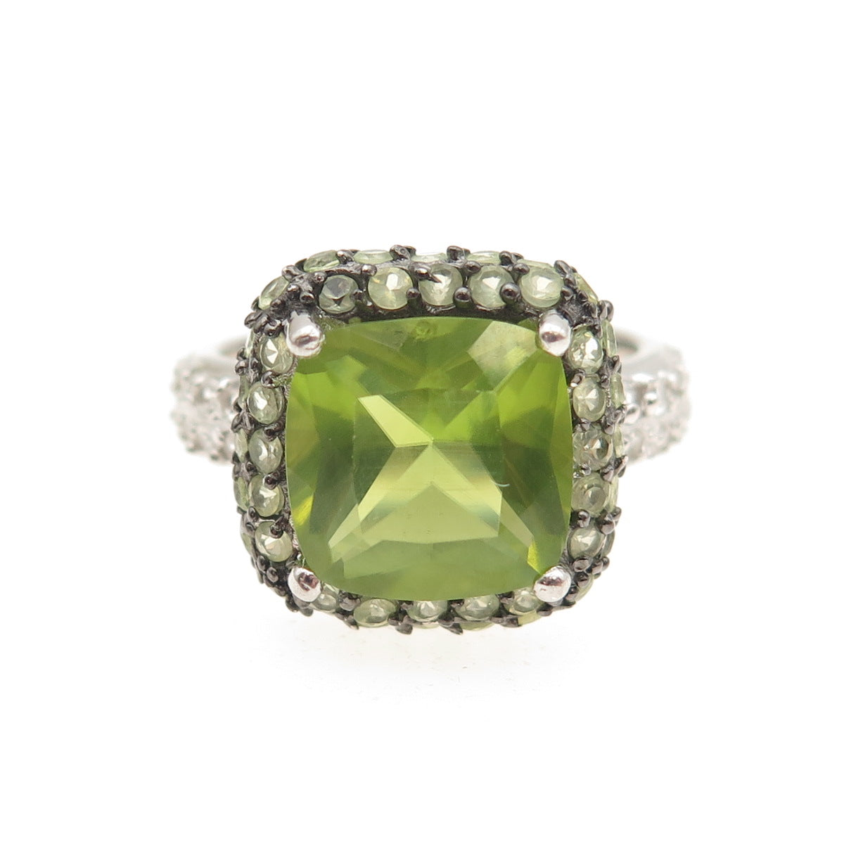 925 Sterling Silver Real Cushion & Round-Cut Peridot White Topaz Ring Size 7.25