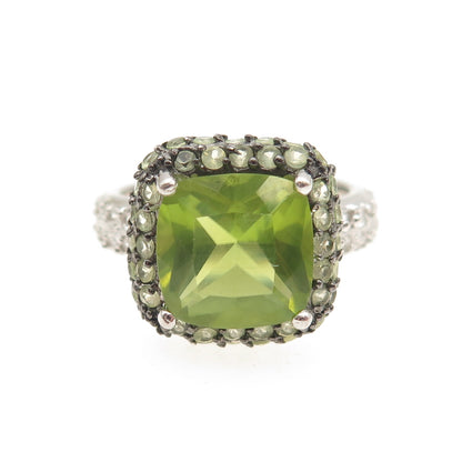 925 Sterling Silver Real Cushion & Round-Cut Peridot White Topaz Ring Size 7.25