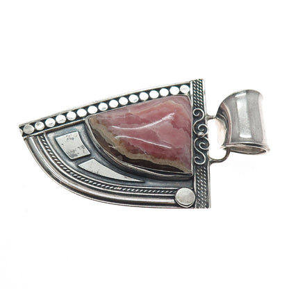 925 Sterling Silver Vintage Real Rhodochrosite Modernist Heavy 41.4g Pendant