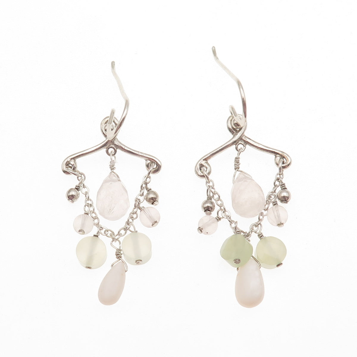 BARSE 925 Sterling Silver Vintage Real MOP Jade & Rose Quartz Dangle Earrings