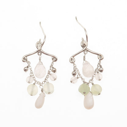 BARSE 925 Sterling Silver Vintage Real MOP Jade & Rose Quartz Dangle Earrings