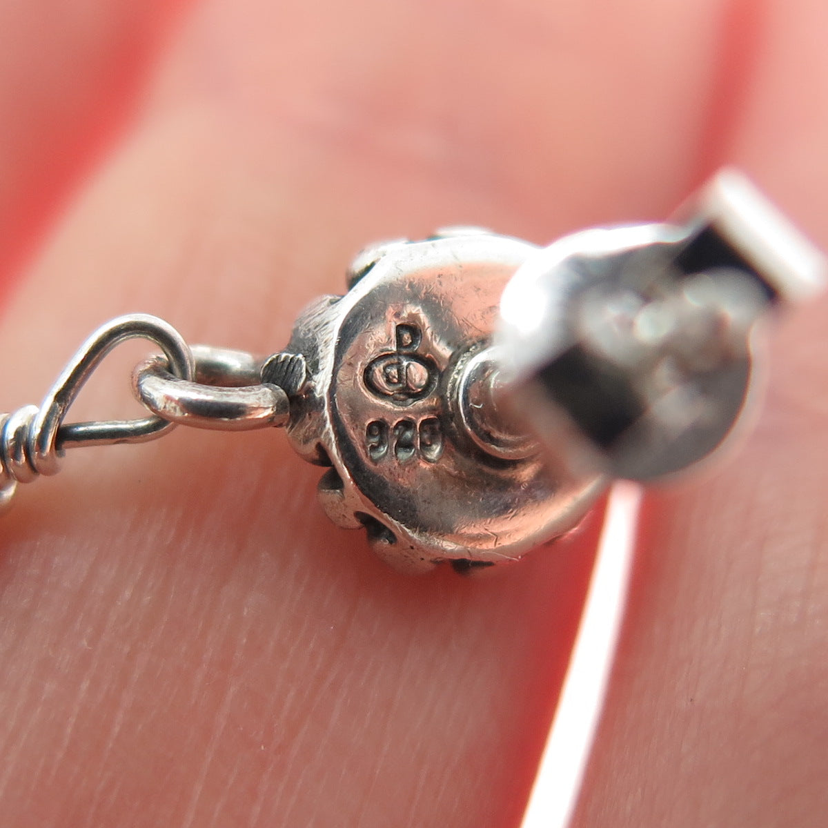 DOUG PAULUS Sterling Silver Vintage Crystal Rose Flower Oxidized Dangle Earrings