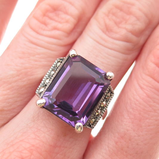 925 Sterling Silver Vintage Real Amethyst & Marcasite Oxidized Ring Size 6.75