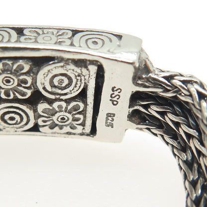 925 Sterling Silver Vintage Floral ID 3-Row Wheat Link Bracelet 6.75"