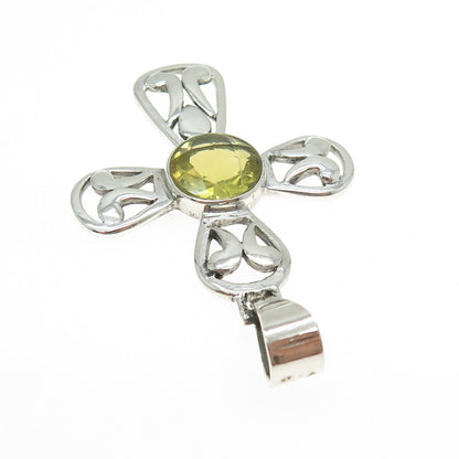 925 Sterling Silver Vintage Real Lime Citrine Gemstone Cross Pendant