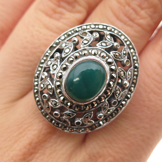 925 Sterling Vintage Real Green Onyx & Marcasite Ring Size 7 (missing 7 stones)