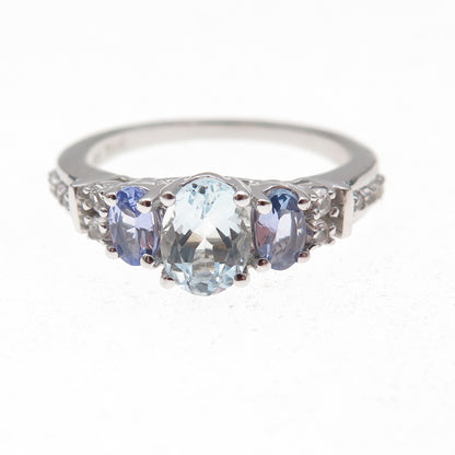 925 Sterling Silver Real Iolite Tanzanite & White Topaz Ring Size 8