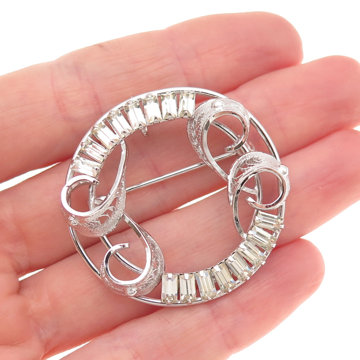 Carl Art 925 Sterling Silver Vintage Rhinestone Floral Filigree Pin Brooch
