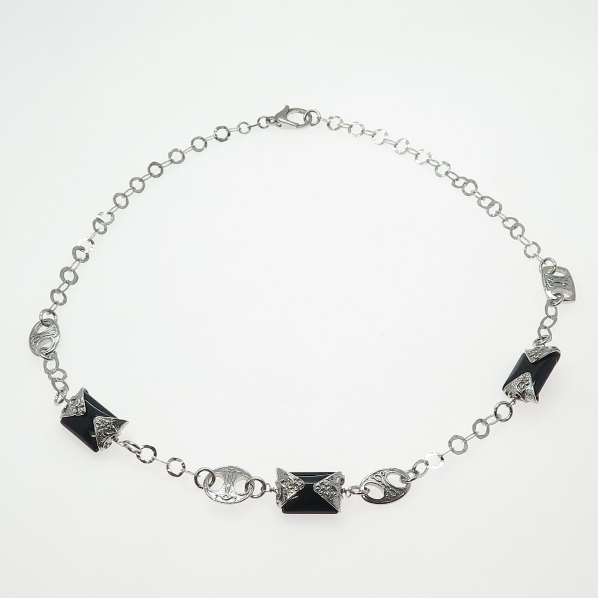 DOBBS Sterling Silver Vintage Italy Real Black Onyx Station Chain Necklace 20"