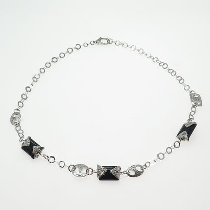 DOBBS Sterling Silver Vintage Italy Real Black Onyx Station Chain Necklace 20"
