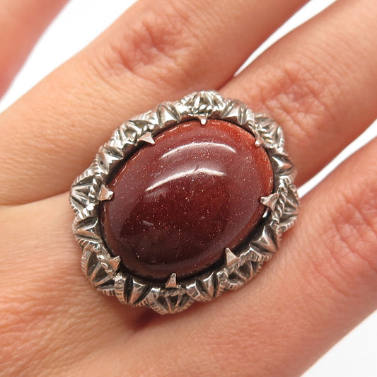 925 Sterling Silver Antique Real Goldstone Gem Modernist Ring Size 5.75