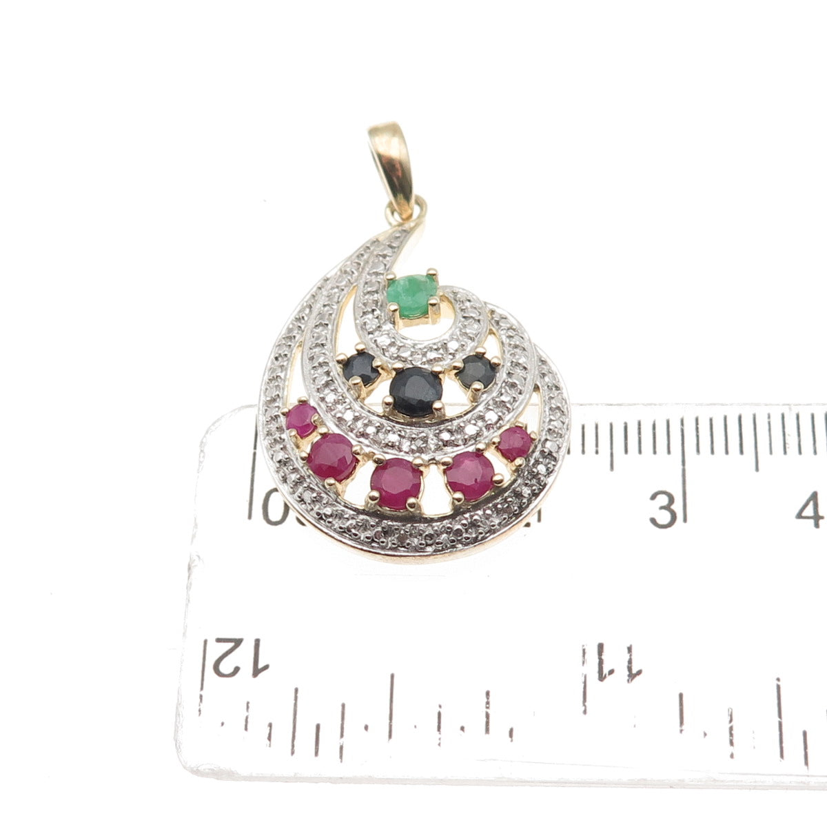 Ross Simons 925 Sterling Real Diamond Accent Ruby Sapphire Emerald Flame Pendant