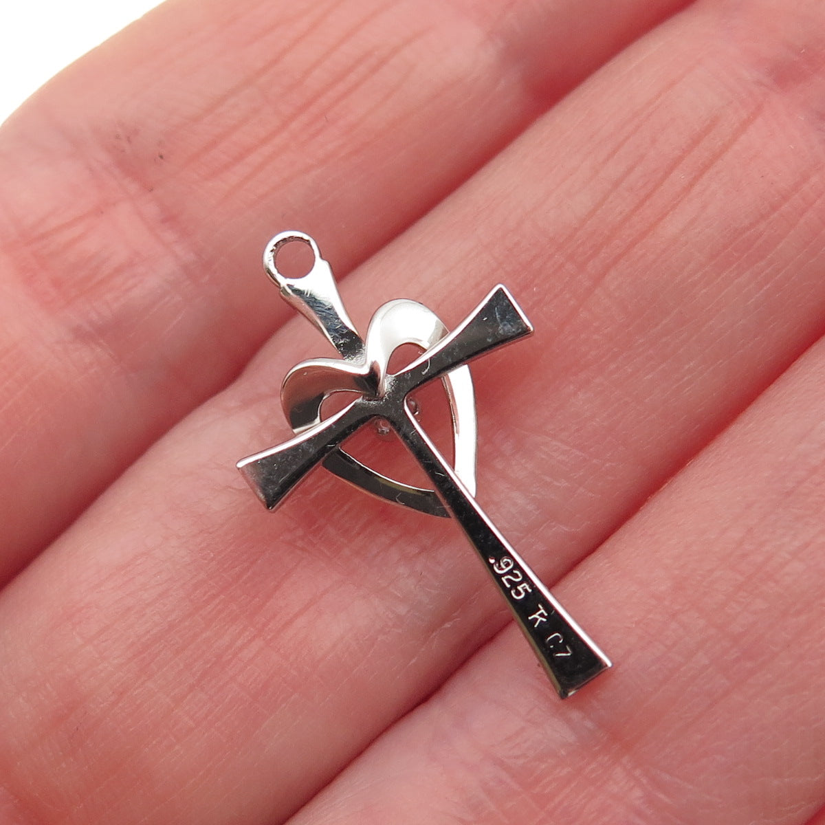 TRU-KAY 925 Sterling Silver 2-Tone C Z Heart Cross Mini Charm Pendant