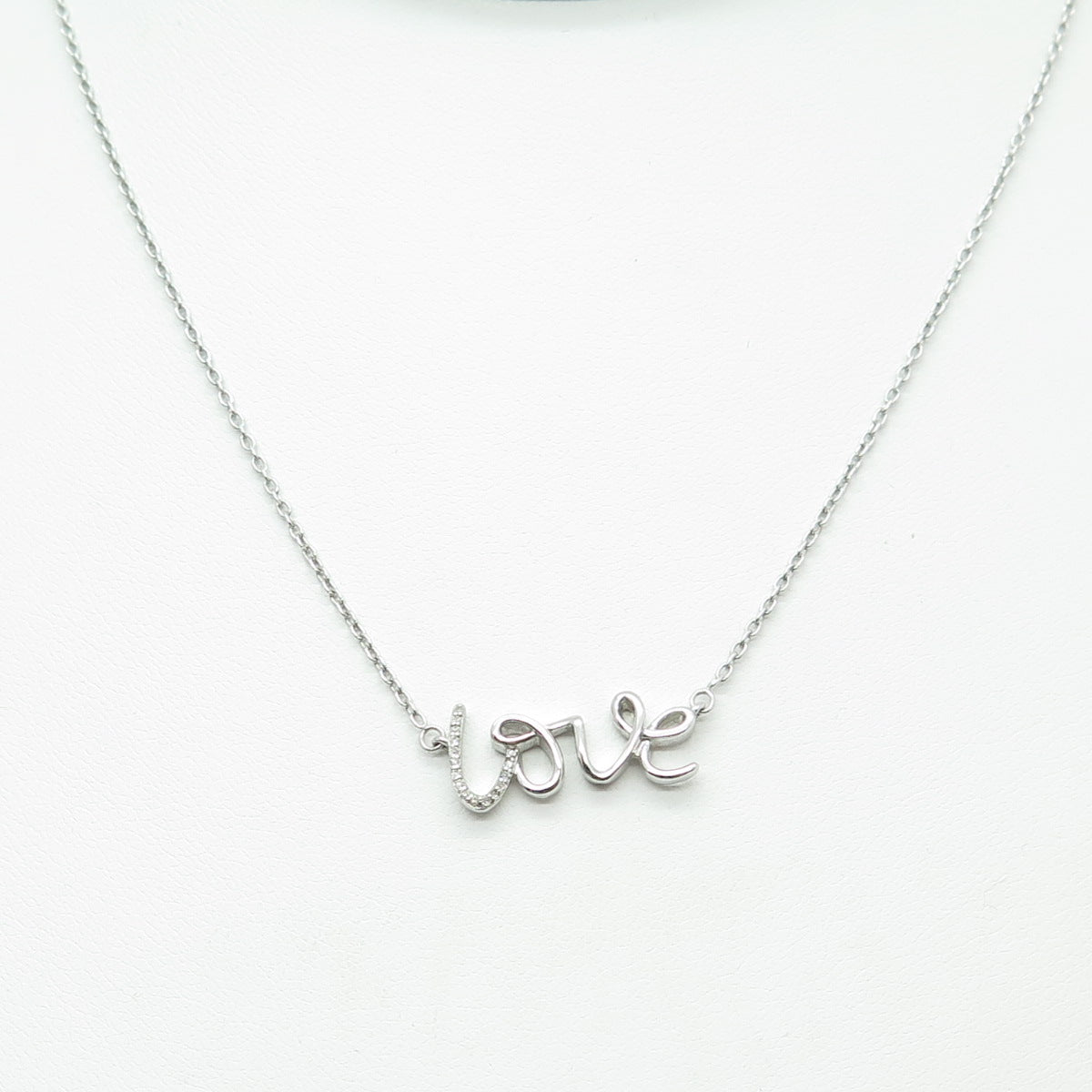 SUN 925 Sterling Silver Real Round-Cut Diamond "LOVE" Chain Necklace 16-18"