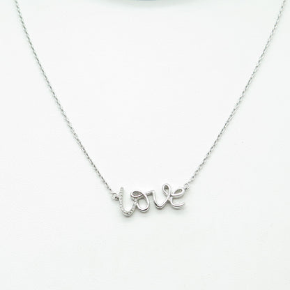 SUN 925 Sterling Silver Real Round-Cut Diamond "LOVE" Chain Necklace 16-18"